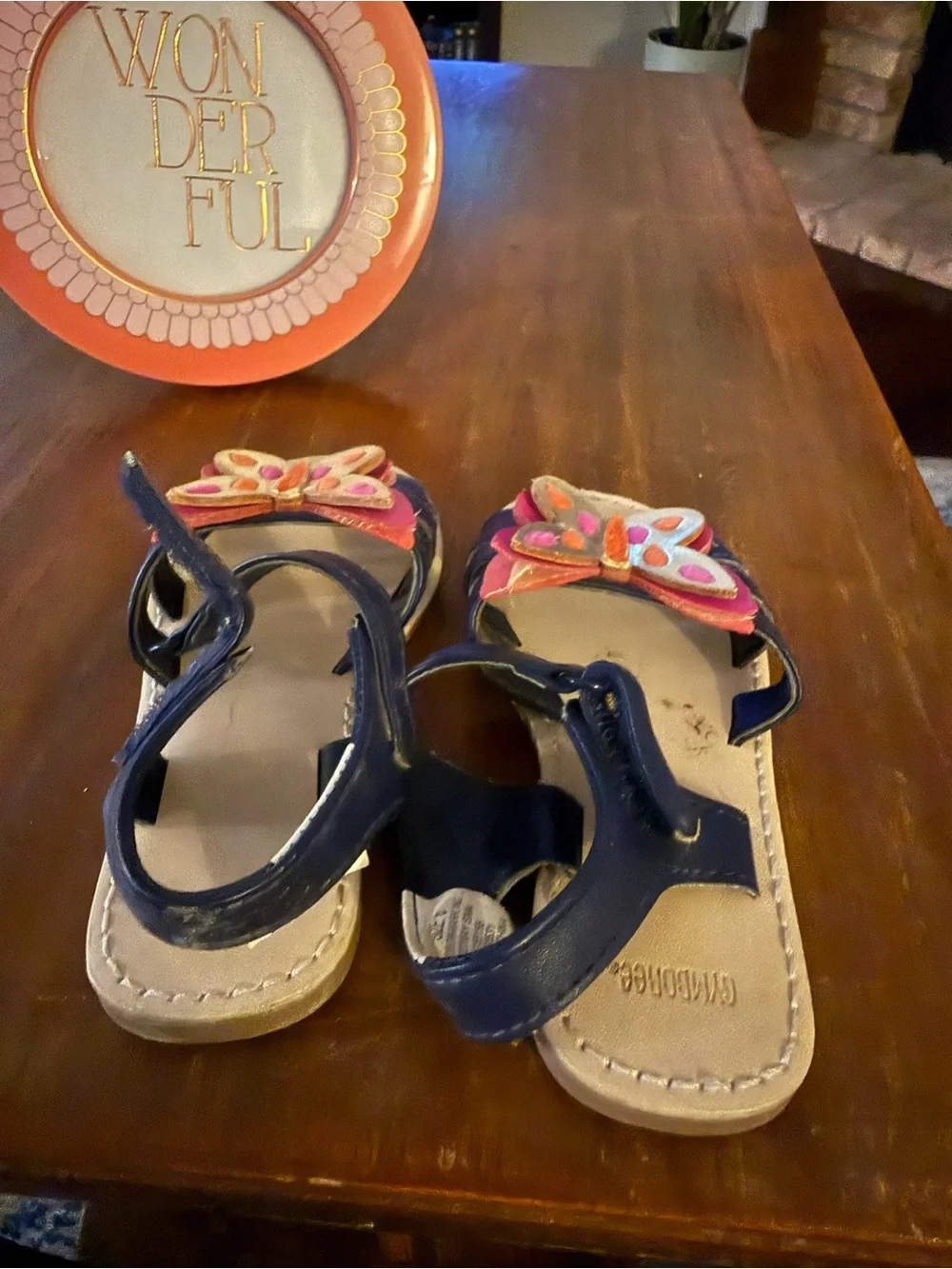Girls Navy Butterfly Strap Sandals with Pink Accent